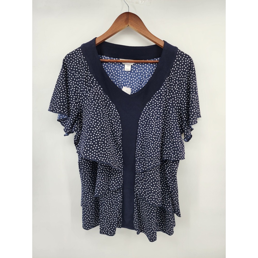 Christopher & Banks XL Navy Blue Polka Dot Ruffle V-Neck Top New With Tags